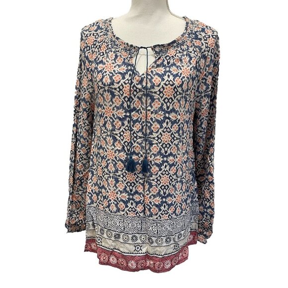 Beach Lunch Lounge Tops - BEACH LUNCH LOUNGE Louisa Blue Coral Tassel Print Blouse Top Size Small (NWT)